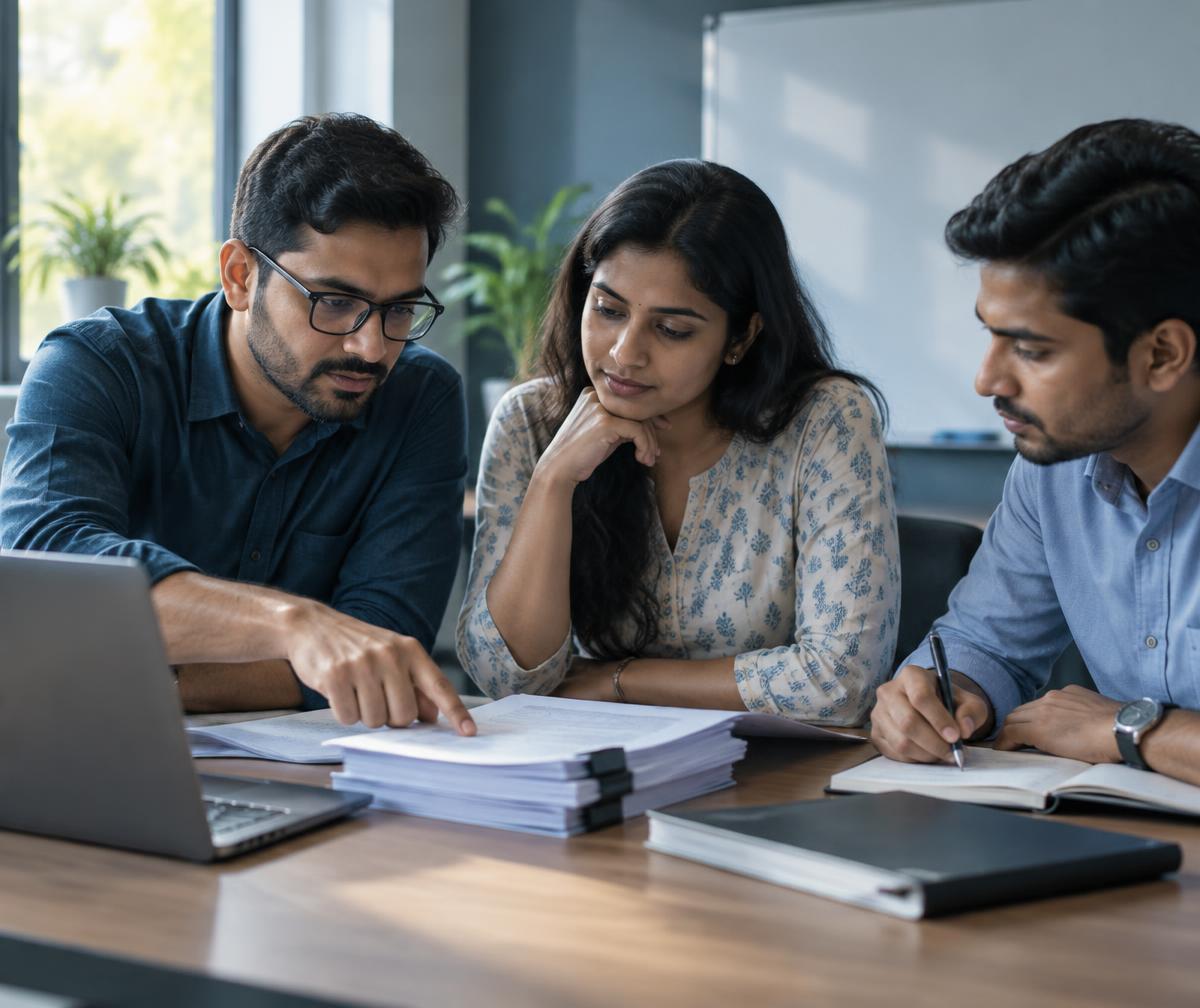 Professionals studying tender documents together during a training session